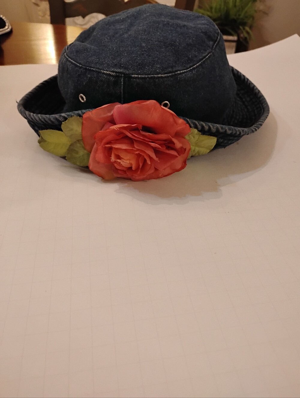 Vintage 90's Style Denim Bucket Hat with Pink Rose Accent